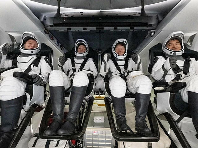 this picture provided by nasa shows l to r roscosmos cosmonaut kirill peskov nasa astronauts nichole ayers anne mcclain and japan aerospace exploration agency astronaut takuya onishi inside the spacex dragon endurance spacecraft onboard the spacex recovery ship shannon shortly after landing in the pacific ocean off the coast of san diego california us on august 9 photo afp