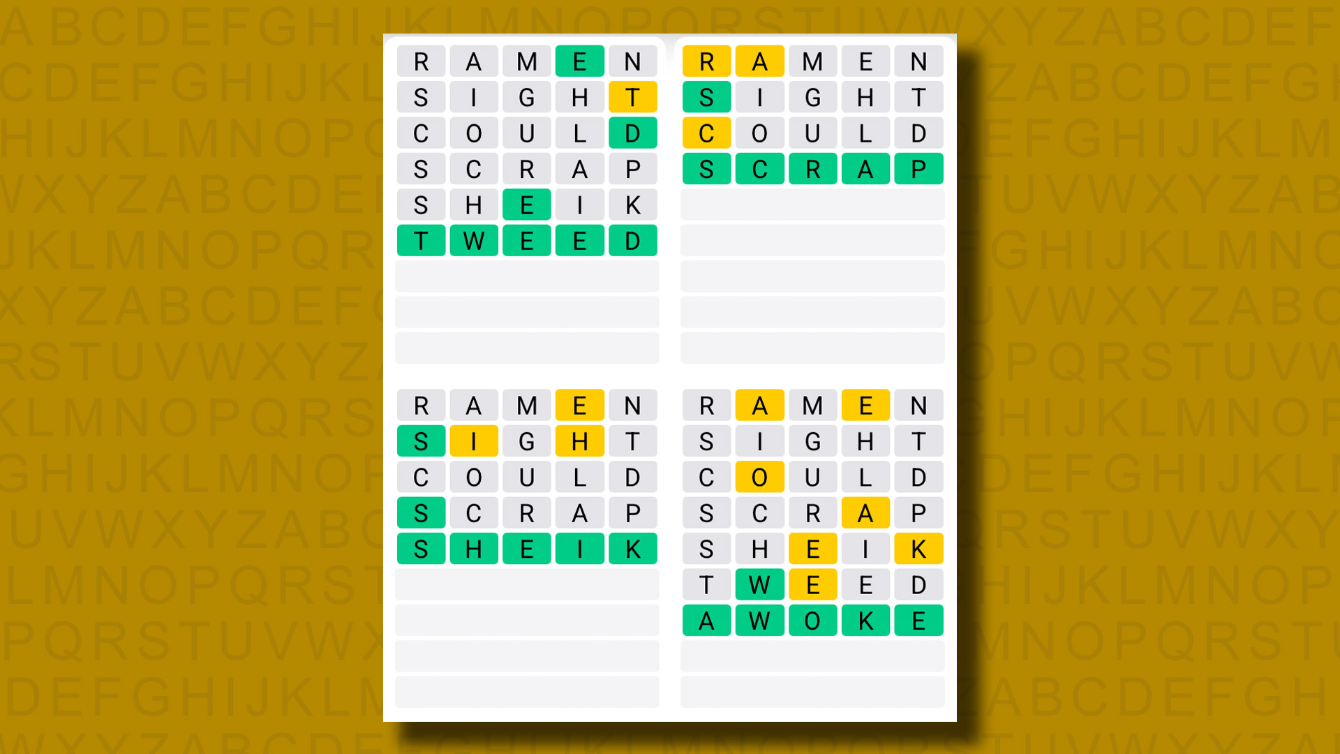 Quordle answers for game 1311 on a yellow background