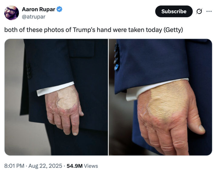 A "tweet":https://knowyourmeme.com/memes/sites/twitter-x with both August 2025 photos of "U.S.":https://knowyourmeme.com/memes/cultures/united-states-of-america President "Donald Trump