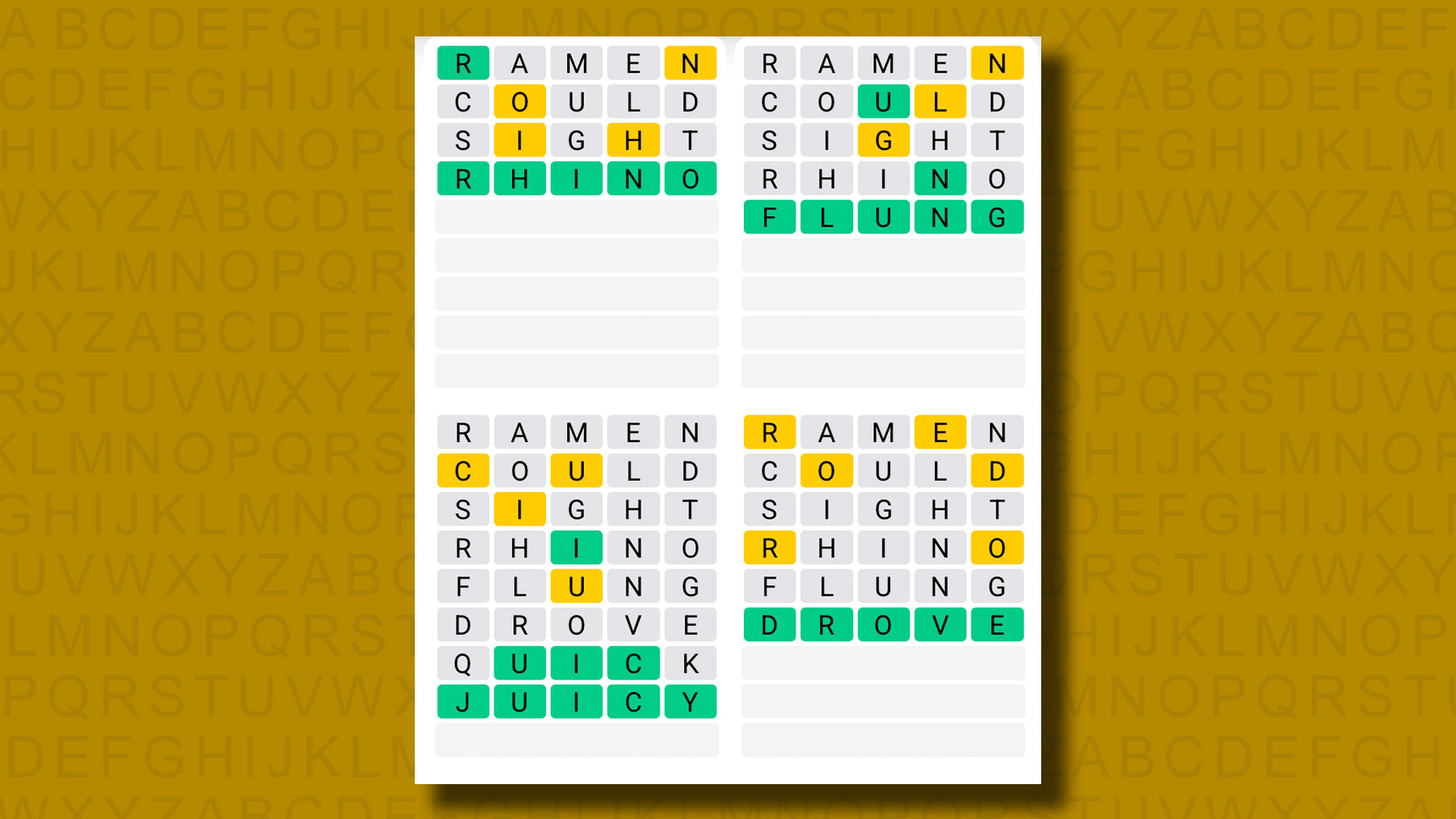 Quordle answers for game 1314 on a yellow background