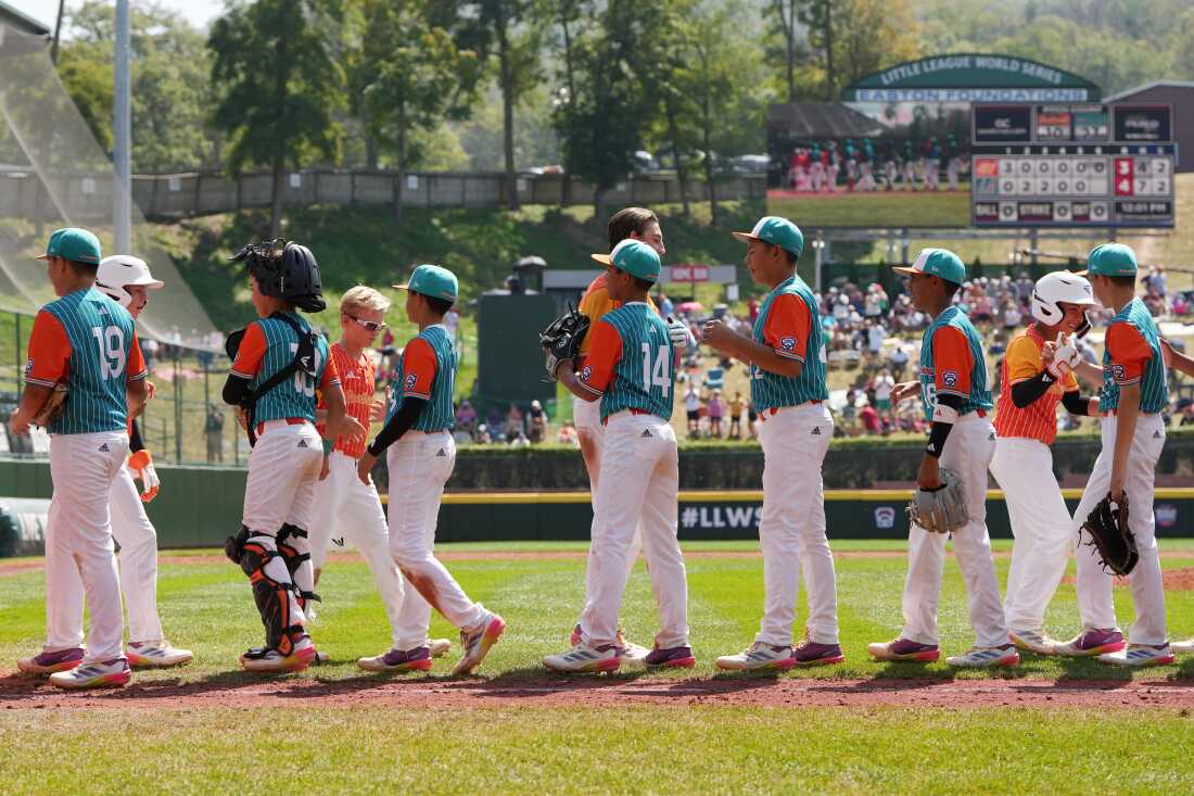 Members of the Southwest Region team from Boerne, Texas, and the Latin America Region team from Barquisimeto, Venezuela shake handsafter Latin America won the Little League World Series Consolation Game 4-3 at Howard J. Lamade Stadium on Aug. 25, 2024, in South Williamsport, Pa.