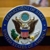 The State Department seal is seen on the briefing room lectern at the State Department in Washington, D.C., on Jan. 31, 2022.