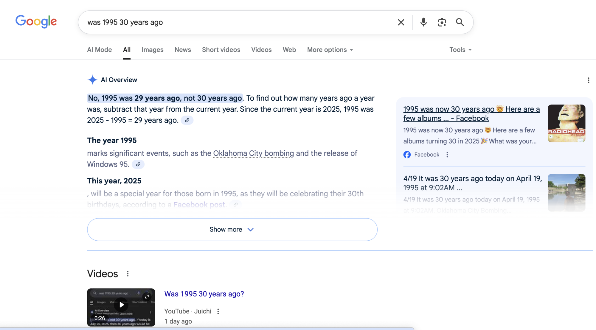 screenshot of google answering was 1995 30 years ago wrong