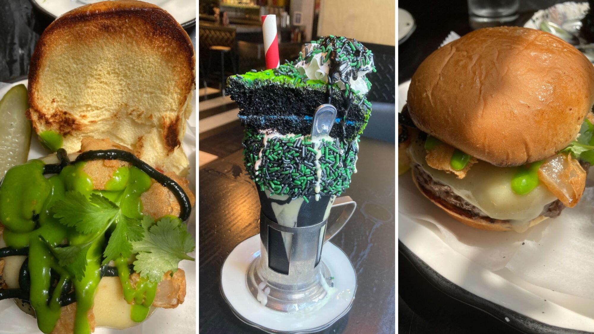 Three images: An open-faced burger covered in black and green sauce, a milkshake topped with a slice of chocolate cake, and the same burger with its bun on top.