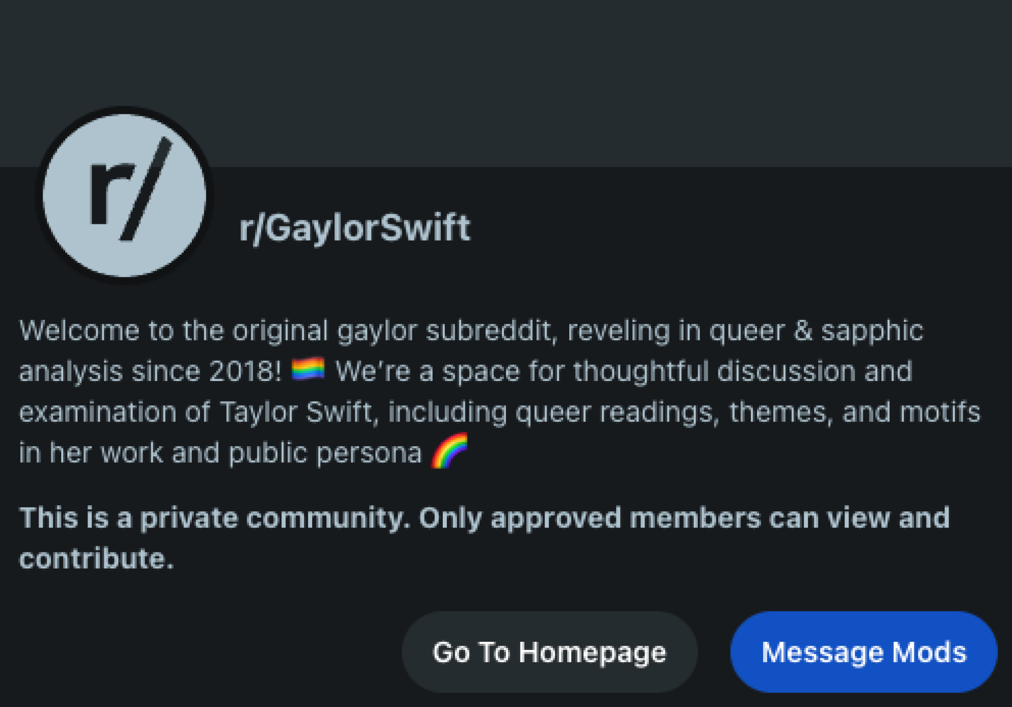 screenshot of r/gaylor swift stating
