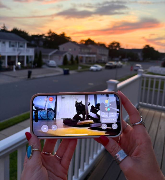 Person's hands holding phone featuring robot vacuum livestream camera on screen