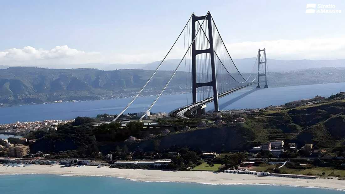 An artistic rendering of the proposed 2-mile-long Strait of Messina Bridge between Sicily and the rest of Italy.