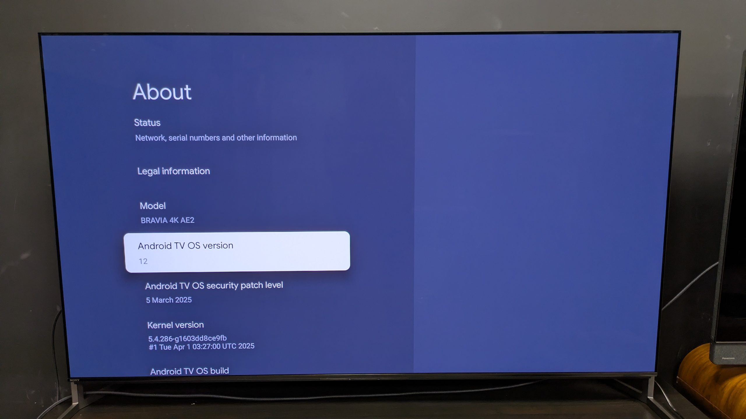 Sony Bravia 8 II with about screen on display with Android version highlighted