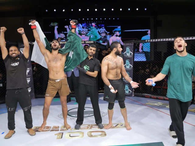 the moment rizwan the haider ali was declared the winner of the road to brave 100 lightweight fight at pakistan combat night 2025 main event photo courtesy activit