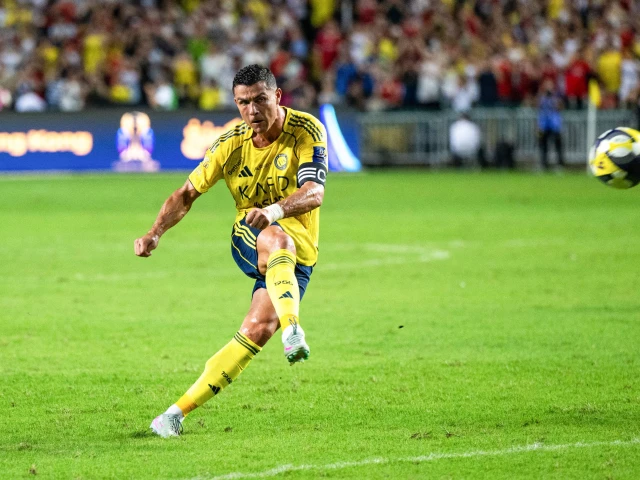 al nassr s cristiano ronaldo shoots on goal during the saudi super cup semi final football match photo afp