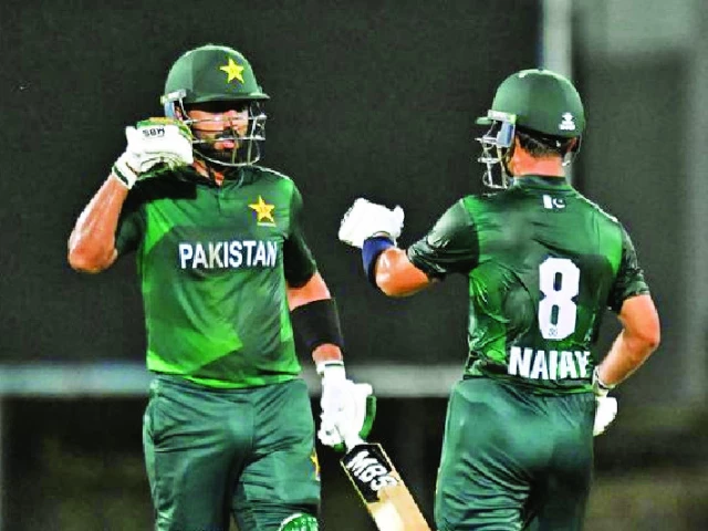 pakistan shaheens opening batter yasir khan and khawaja nafay doing fist bumps after reaching 100 run opening stand photo pcb