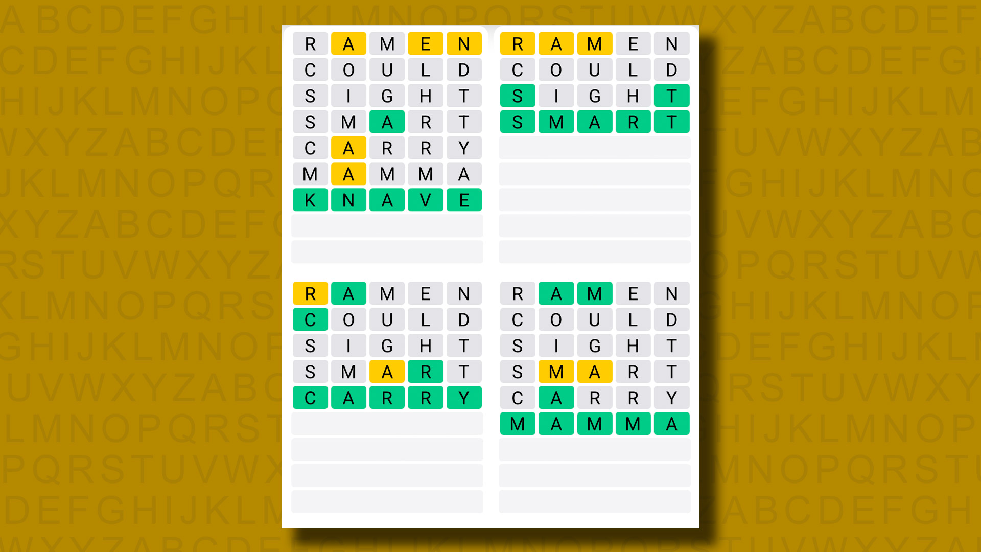Quordle answers for game 1303 on a yellow background