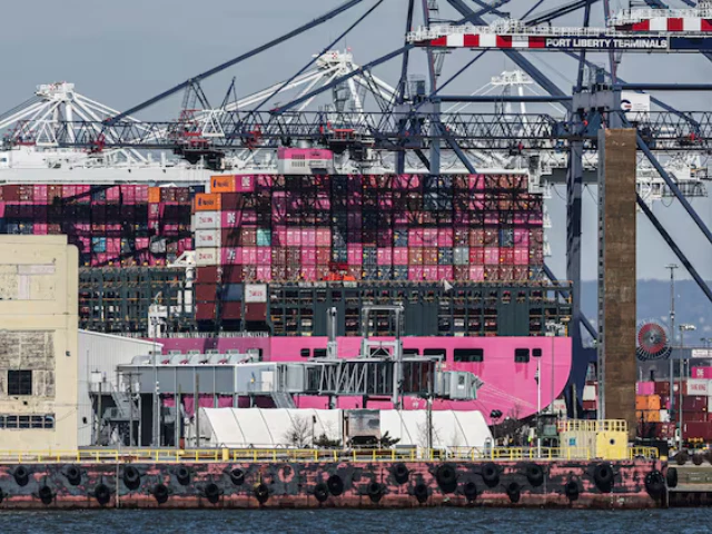 containers are stacked on the deck of cargo ship one minato at port liberty new york in staten island new york u s april 2 2025 reuters