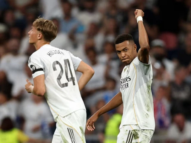 caption real madrid s kylian mbappe celebrates scoring their first goal with real madrid s dean huijsen photo reuters