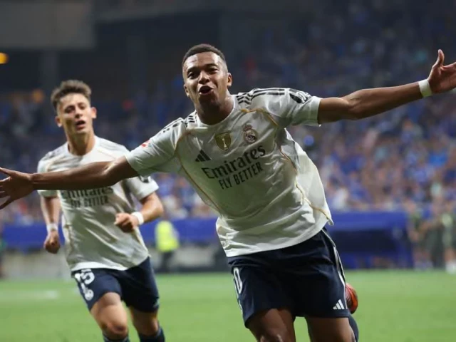 real madrid s kylian mbapp celebrates scoring the first of his two goals photo afp