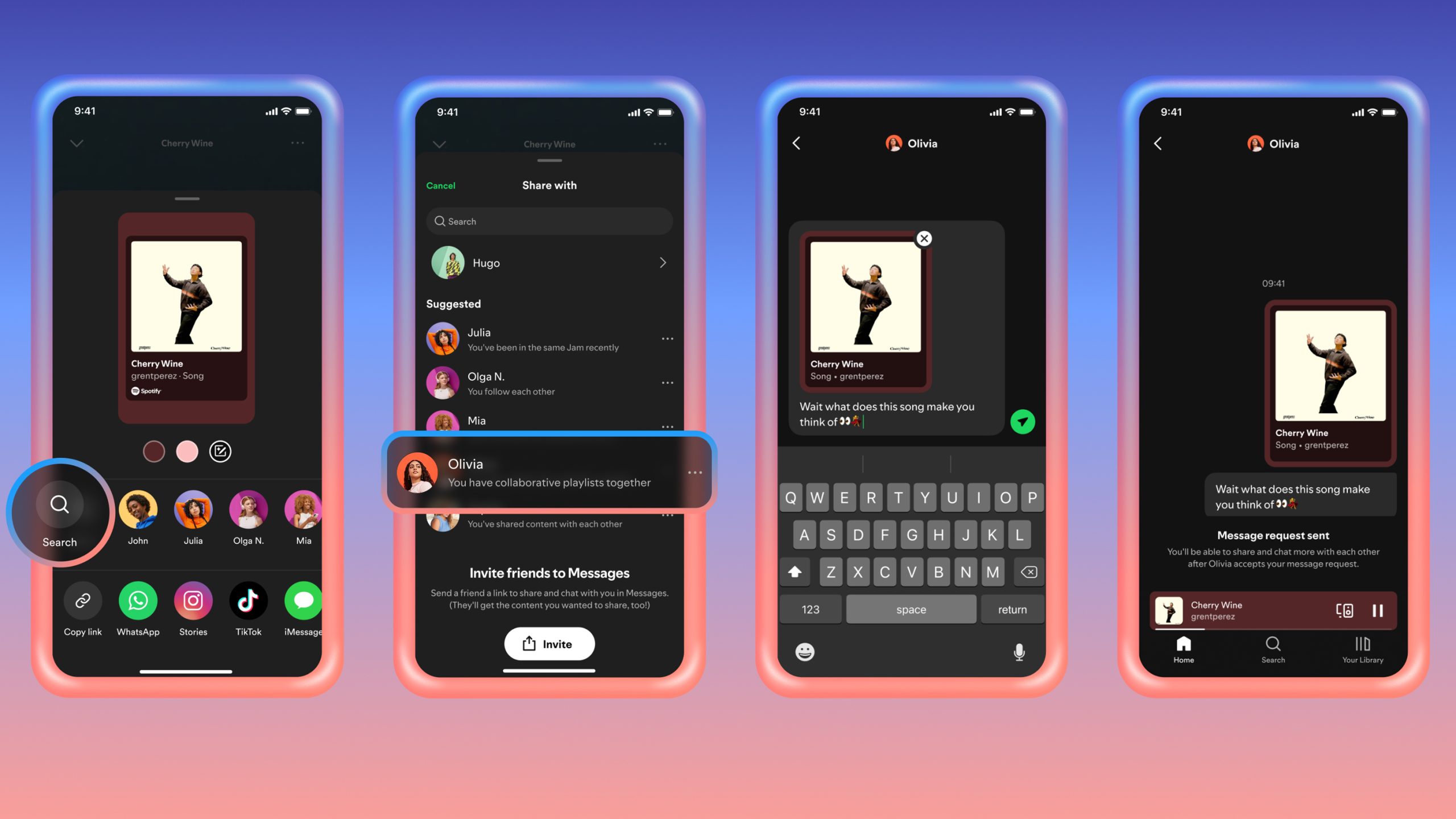 Several phones on a blue and link background showing the Spotify Messages feature