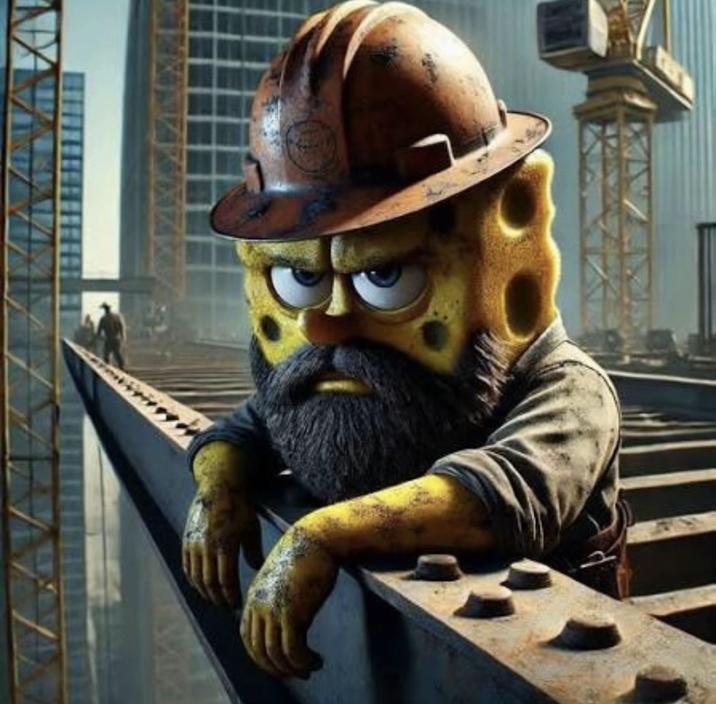 An AI generated image of SpongeBob as a blue collar worker. He is working construction.