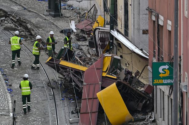 The wreckage from the funicular crash in Lisbon