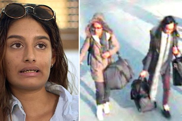 Split image: Shamima Begum/with friends Kadiza Sultana and Amira Abase