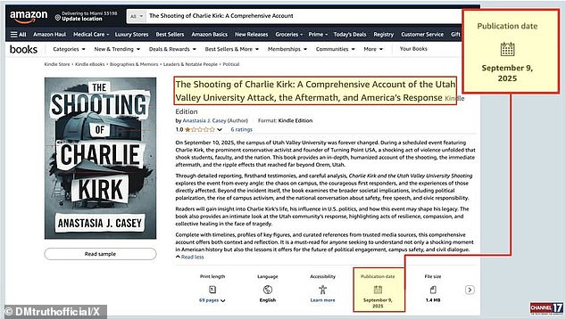 Several books appeared on Amazon this week promoting a detailed account of the Charlie Kirk assassination, with one having a publication date one day before the murder