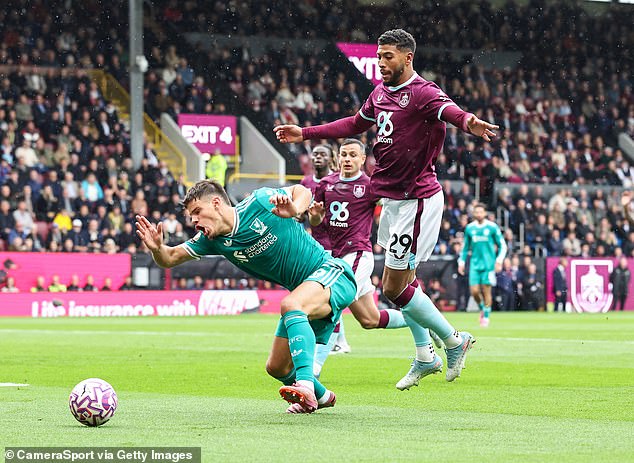 Milos Kerkez dives against Burnley on Sunday, an offence which saw him booked