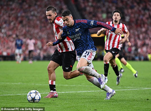 Gabriel Martinelli drove at Athletic Bilbao full back Andoni Gorosabel on Tuesday night and produced an assist for Leandro Trossard