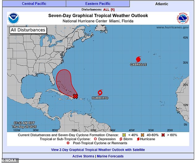 The National Hurricane Center warned that Tropical Storm Humberto is projected to become a Category 3 hurricane by next week