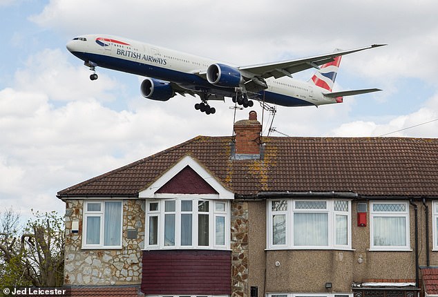 The warmer air resulting from climate change reduces the lift force on a departing aircraft, potentially reducing its climb angle and causing more engine noise near the airport. Pictured, a BA plane above houses near Heathrow