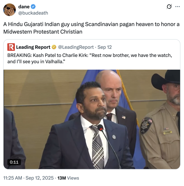 A "quote-tweet":https://knowyourmeme.com/memes/quote-retweets-qrts about FBI Director Kash Patel saying, "I