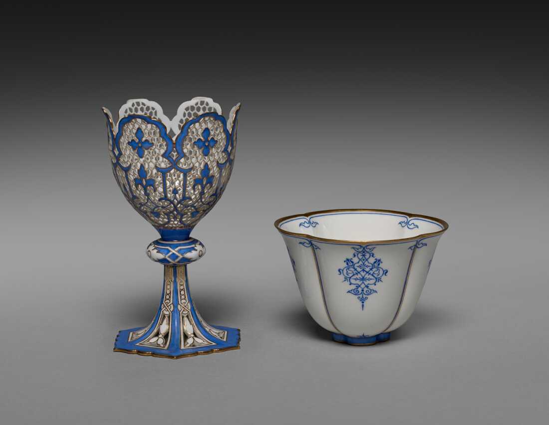 A French zarf and cup, made around 1848 to 1855, made of porcelain. Zarfs are often associated with coffee drinking in the Ottoman Empire, but many were made in Europe.