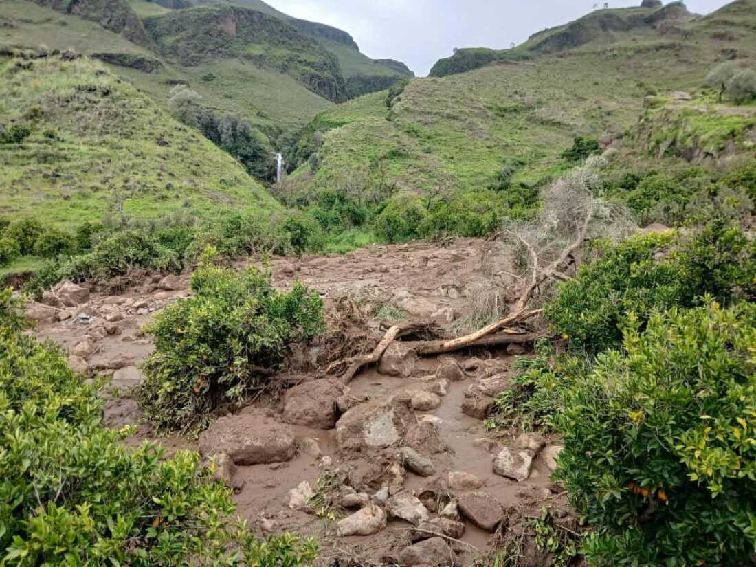 An area is damaged following a landslide that destroyed the Tersin village, in the Marra Mountains area of Sudan Sep. 1, 2025.