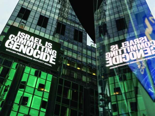 a billboard in times square displays the message israel is committing genocide as part of the campaign by game over israel calling for a boycott of israel by national soccer federations over the war in gaza in new york city photo reuters