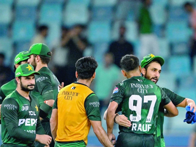 pakistan captain salman agha celebrates with teammates after their win against uae at the end of the asia cup 2025 twenty20 international cricket match at the dubai international stadium photo afp
