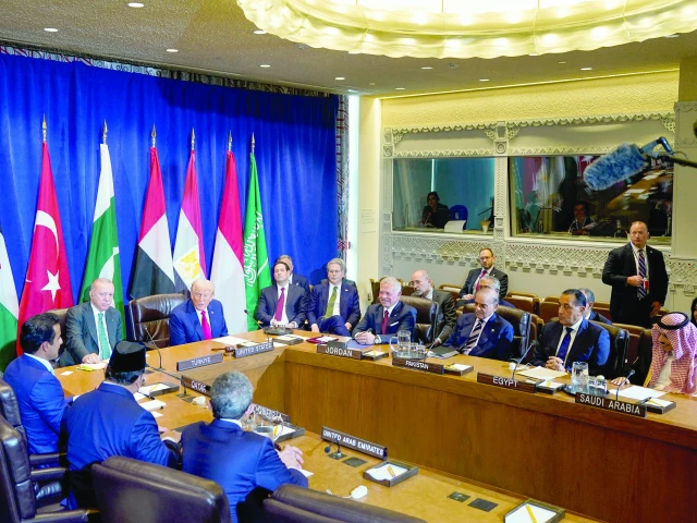 us president donald trump speaks during a multilateral meeting with turkey s president tayyip erdogan jordan s king abdullah prime minister shehbaz sharif egypt s prime minister mostafa madbouly saudi arabia s foreign minister faisal bin farhan al saud qatar s emir sheikh tamim bin hamad al thani indonesia s president prabowo subianto and united arab emirates deputy prime minister and minister of foreign affairs abdullah bin zayed al nahyan in new york city photo reuters