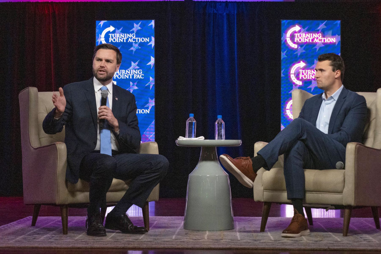 Republican vice presidential candidate JD Vance and Charlie Kirk hold a town hall gathering with students in High Point, N.C., on Oct. 31, 2024.