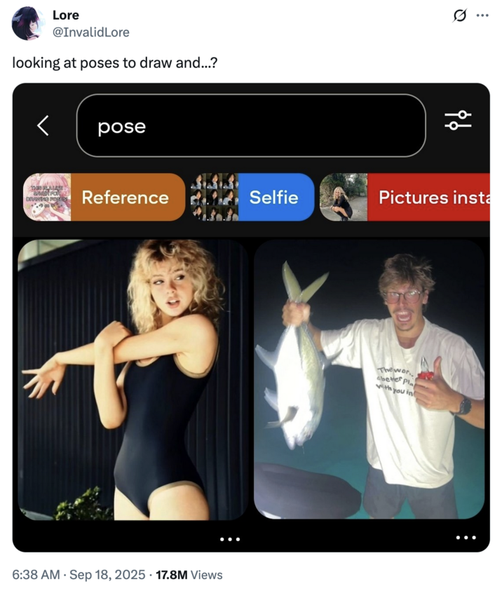 X user @InvalidLore tweeted a screenshot from Pinterest, showing a young blonde woman flexing and stretching her arm and a young bespectacled man holding up a large fish while giving a thumbs up. The post was captioned,