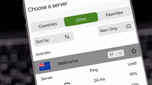 The Melbourne server selected on IPVanish's location tab in the VPN app running on a smartphone
