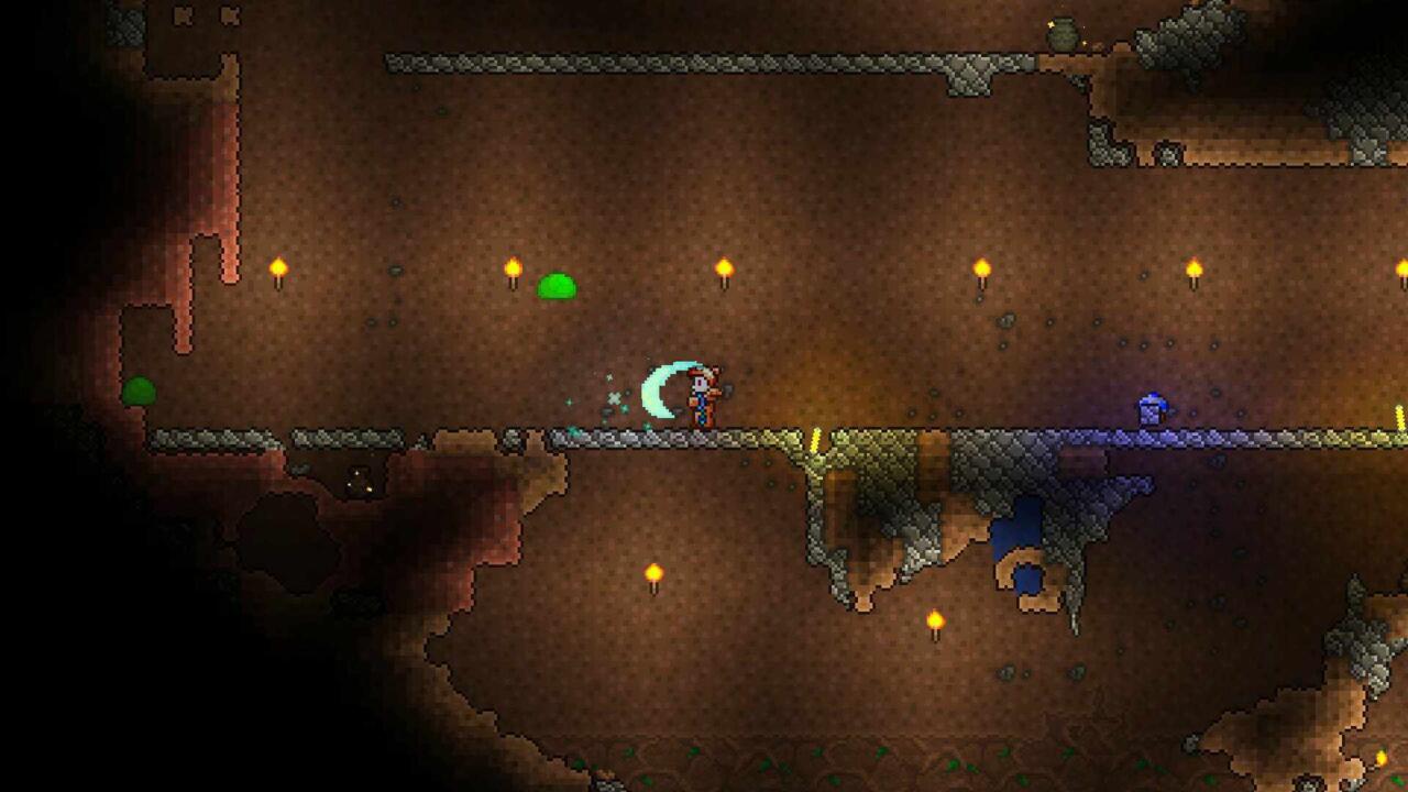 Terragrim swings a small blade in front of the Terraria player