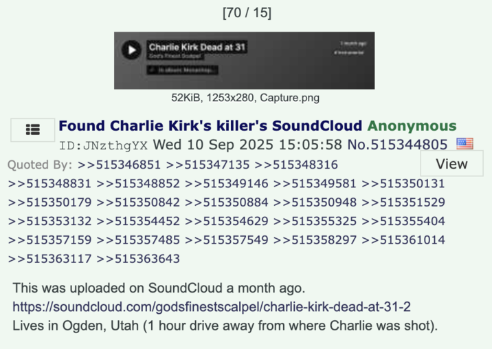 The original "4chan":https://knowyourmeme.com/memes/sites/4chan post on the "/pol/":https://knowyourmeme.com/sensitive/memes/sites/pol imageboard that shared the "theory":https://knowyourmeme.com/memes/cultures/conspiracy-theories that "Charlie Kirk