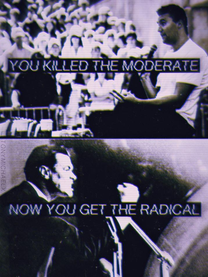 A meme by X user @tonymichaelx. The meme is about killing the moderate (in this case Charlie Kirk) and getting the radical (Nazi George Lincoln Rockwell).