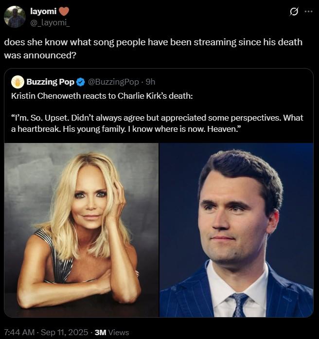 A tweet about the death of Charlie Kirk. The tweet suggests that there is a boost in popularity of the song