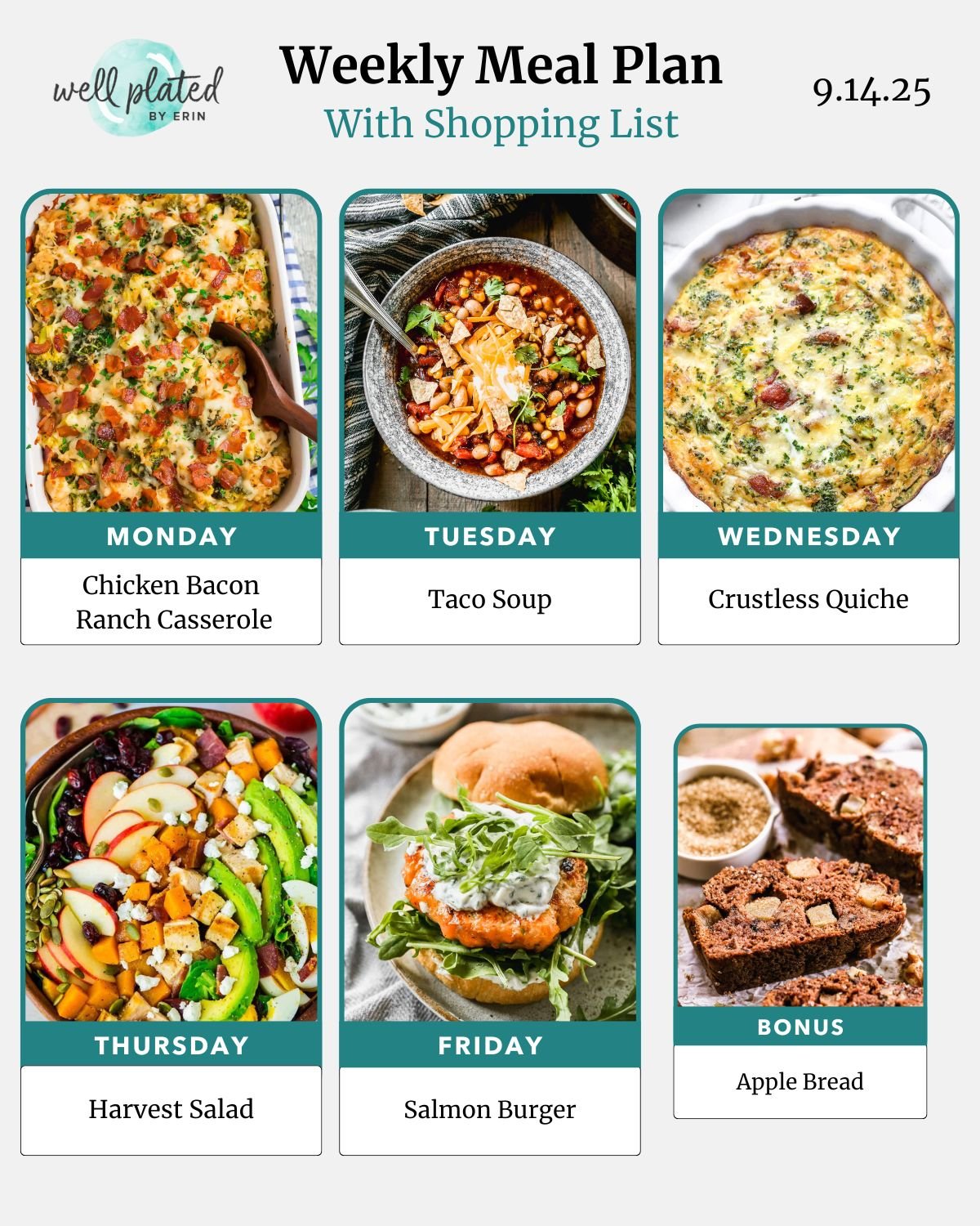 Weekly meal plan with photos of chicken casserole, taco soup, quiche, salad, salmon burger, and apple bread.