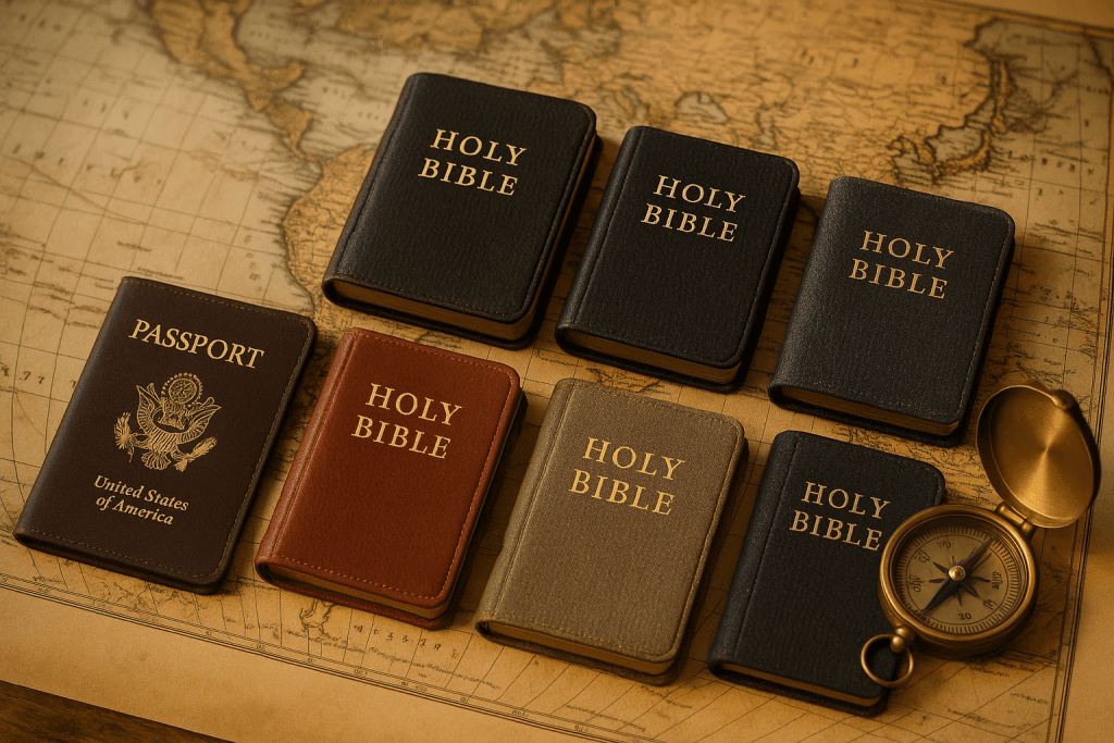 A picture of a pocket Bible and five more, along with a passport, compass and map
