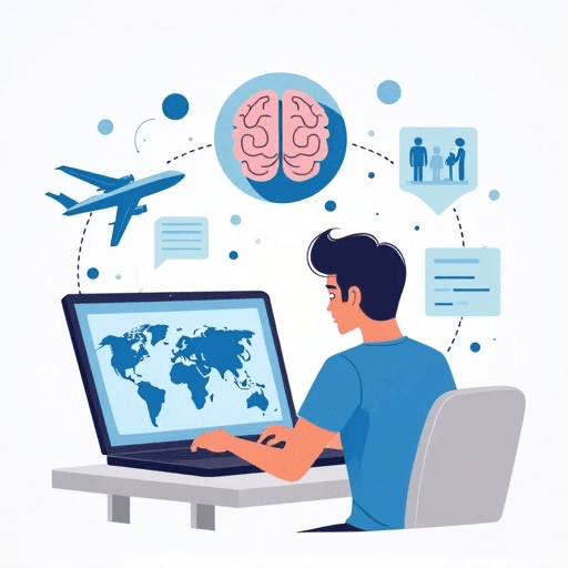 A picture of a young man typing on a laptop surrounded by images of a plane and a brain and a checklist to visualise the concept of AI travel planning