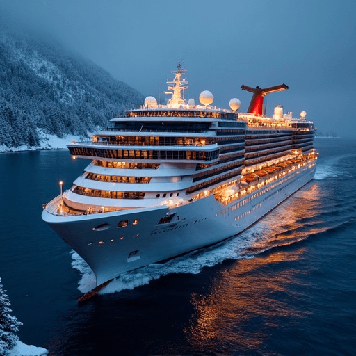 A picture of a Christmas Cruise 2025 with a cruise ship passing by a snowy fjord landscape