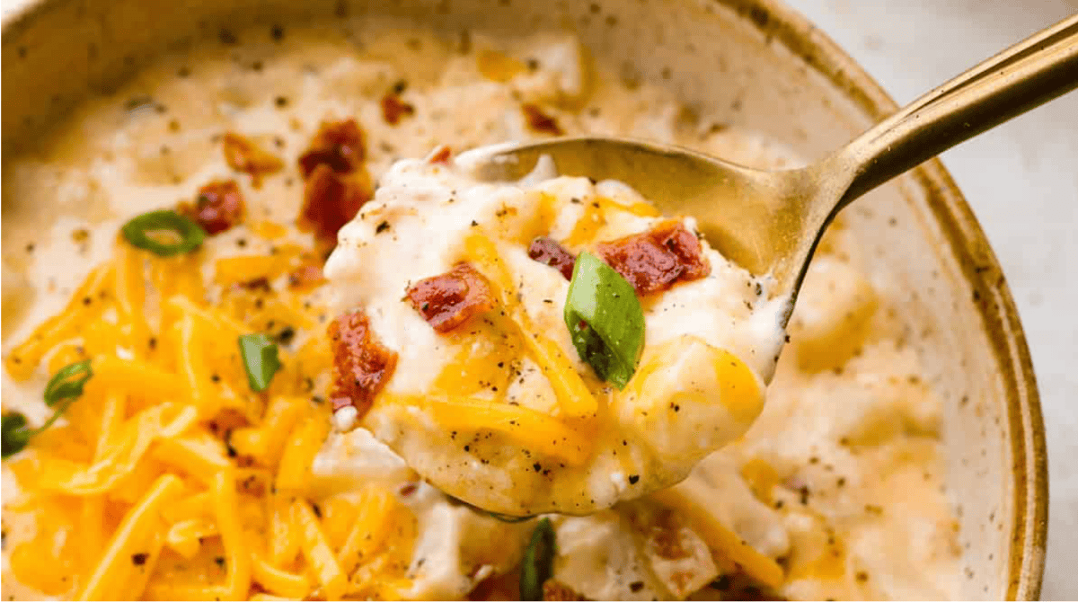 Crack potato soup with a spoon.