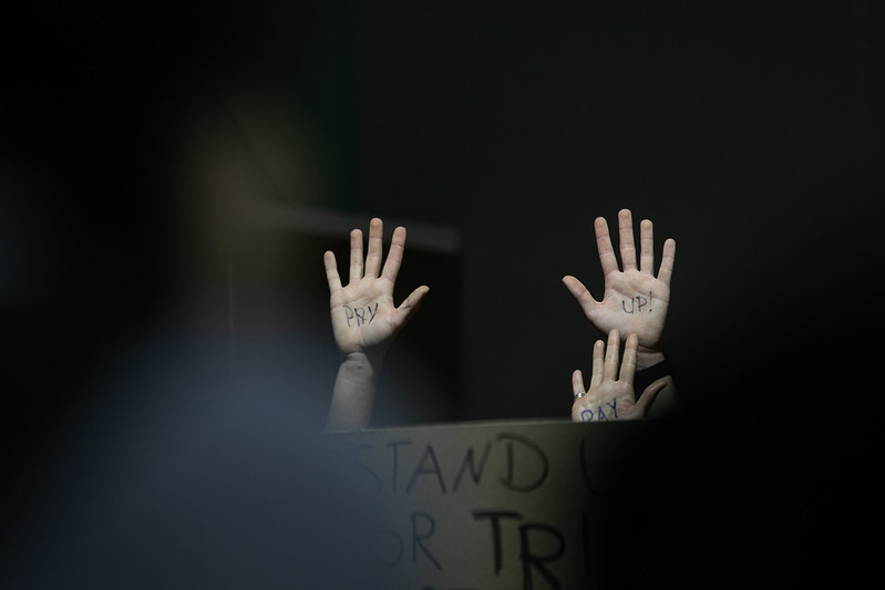 Activists demand loss and damage reparations outside the hall where the COP29 negotiators were concluding their negotiations. Credit: UN Climate Change/Kiara Worth