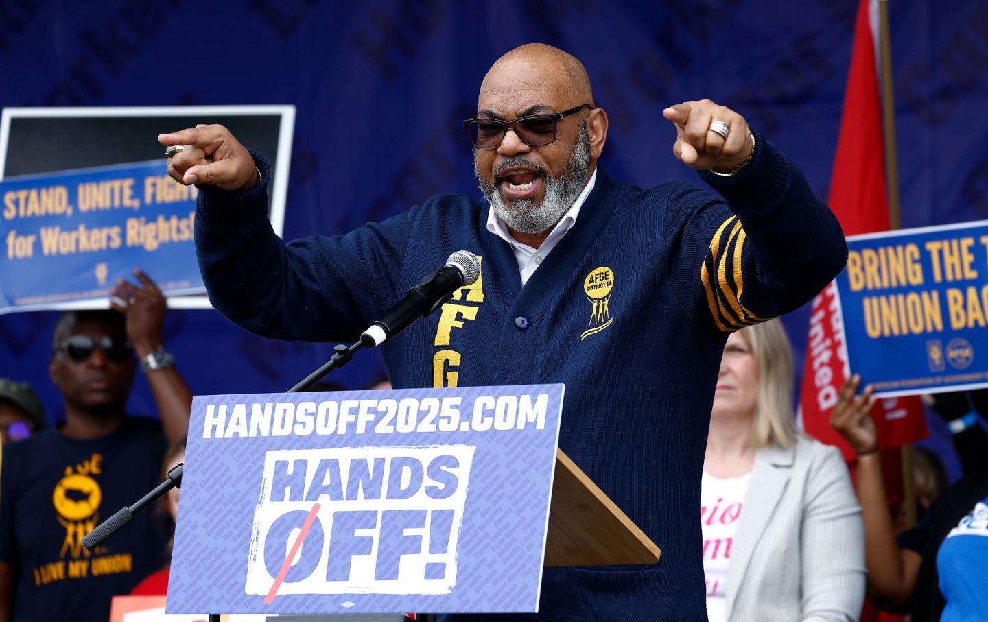 AFGE President Everett Kelley speaks during the Hands Off! day of action against the Trump administration and Elon Musk on April 05, 2025 in Washington, DC.
