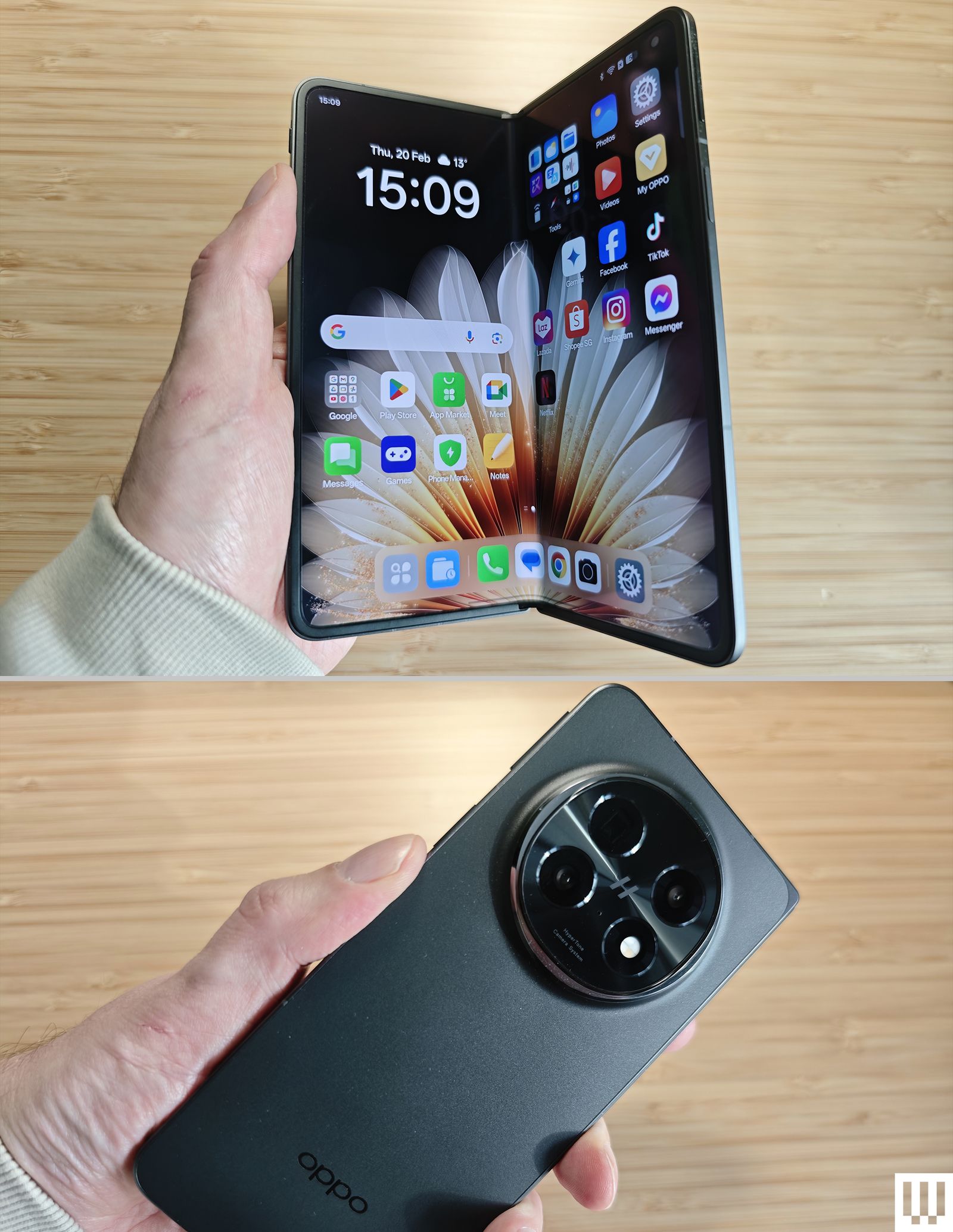 Oppo Find N5 foldable mobile phone shown from the front with app icons on the screen and shown from the back displaying...