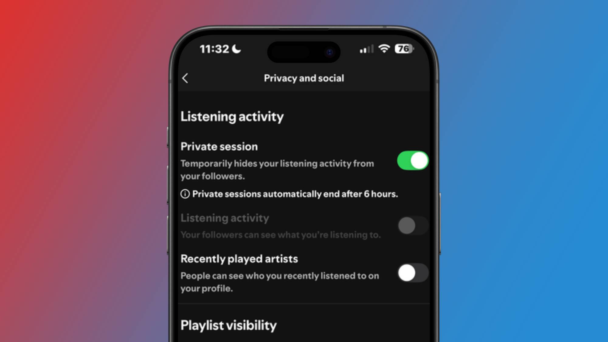 Spotify's mobile settings on iPhone with the Private session toggle enabled